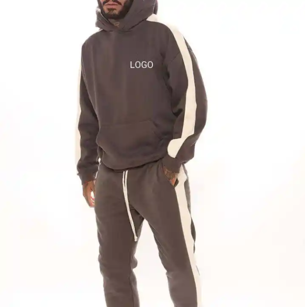 Customized Loogo Two Piece Cotton Fleece Slim Fit Sweatsuit For Men Side Stripes