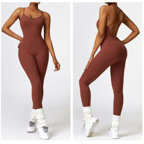 Nylon Cotton Stretchy Straps Scoop Neck Bodycon Full Length Casual Playsuit Yoga Jumpsuits - Image 6